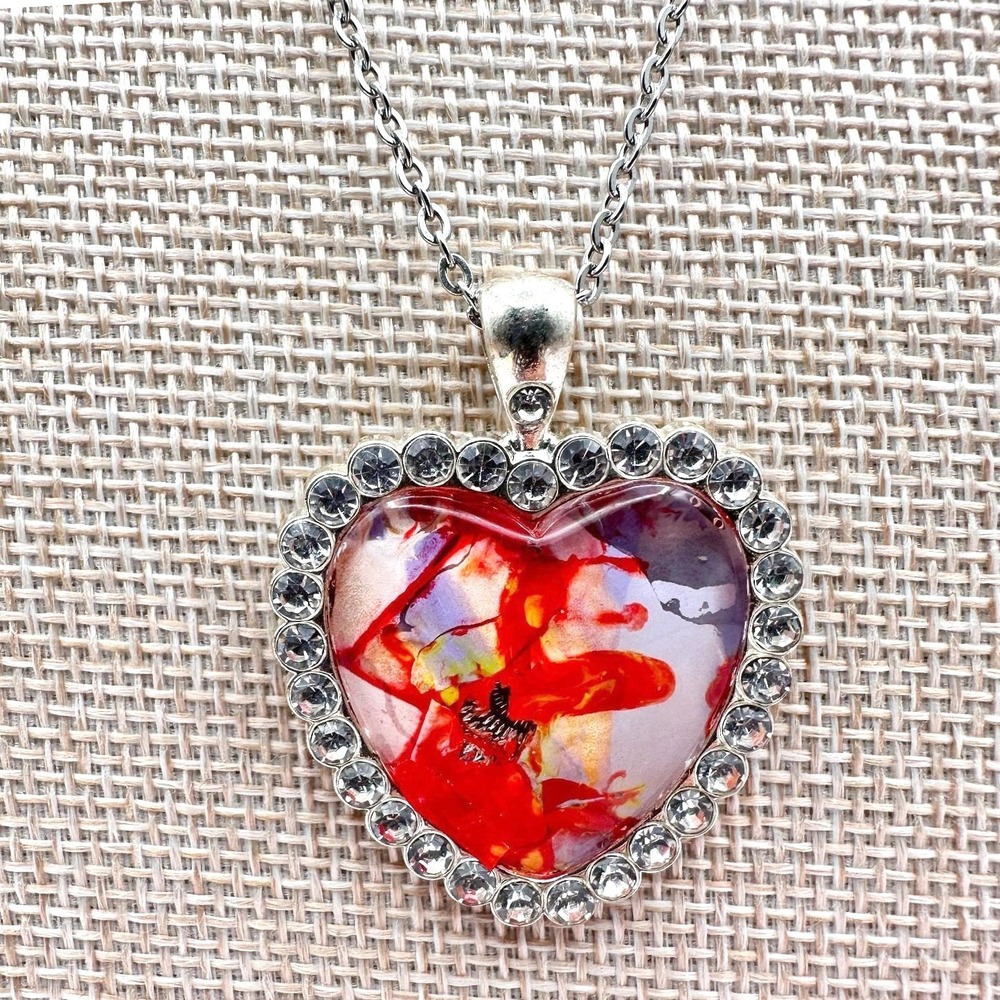 Vintage Silver Tone Heart Pendant Necklace Rhinestone Border Red Art Abstract